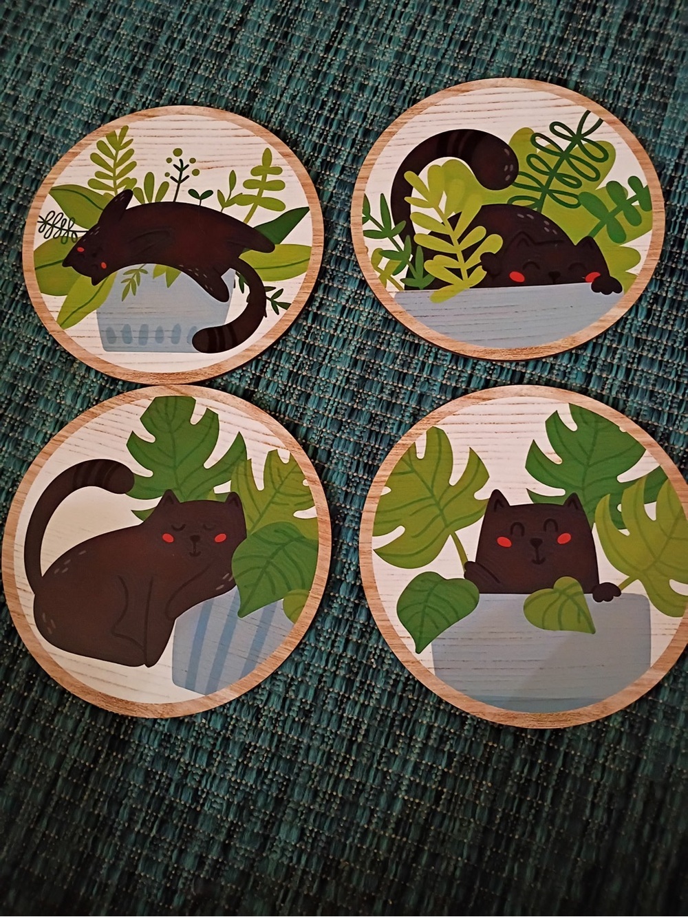Set of 4 Black Cat Plant Coasters